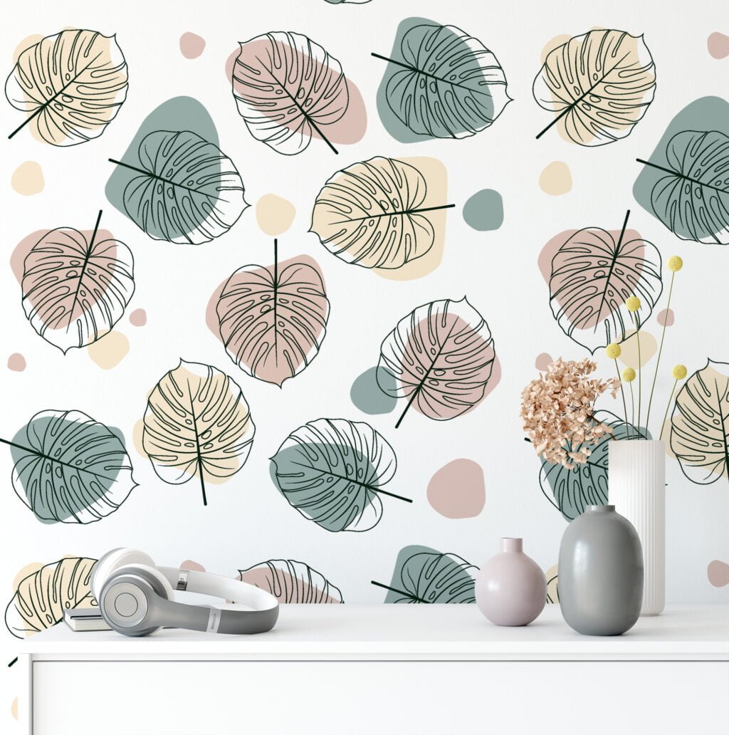 Line Art Monstera Leaves Pattern Illustration Wallpaper, Soft Sketch Leaves Peel & Stick Wall Mural