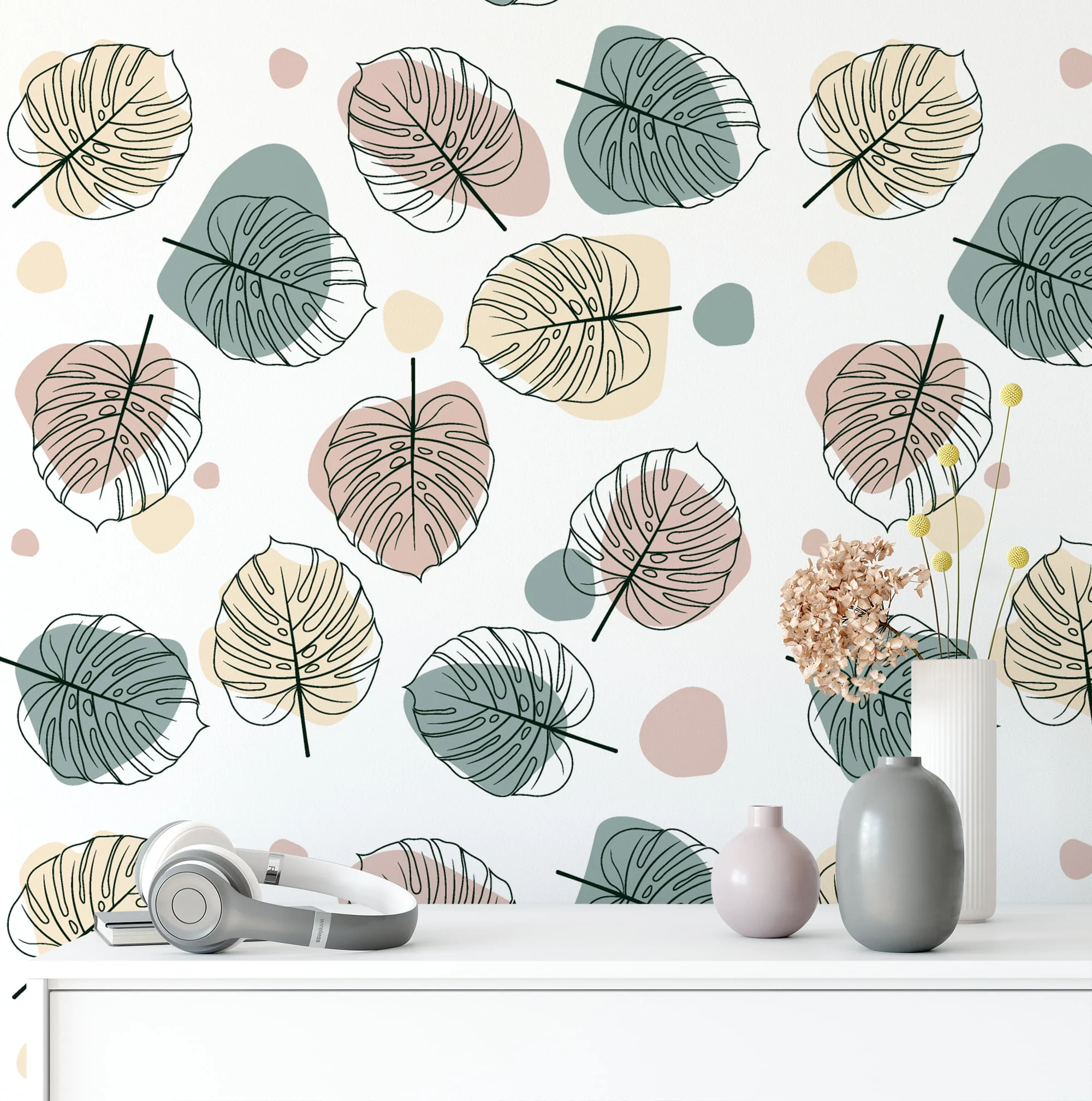 Line Art Monstera Leaves Pattern Illustration Wallpaper, Soft Sketch Leaves Peel & Stick Wall Mural