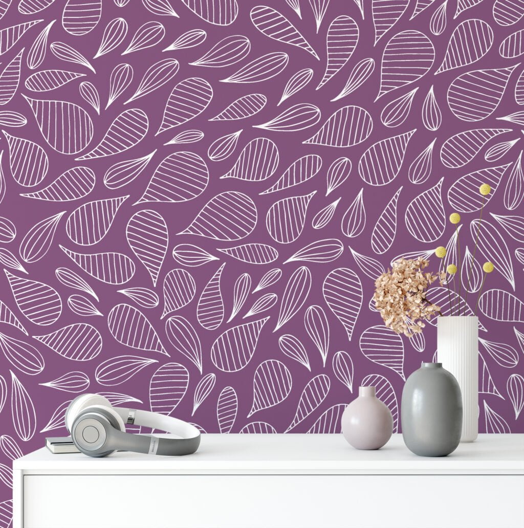 White outlined Abstract Leaves With A Purple Background Wallpaper, Whimsy Leaf Pattern Peel & Stick Wall Mural
