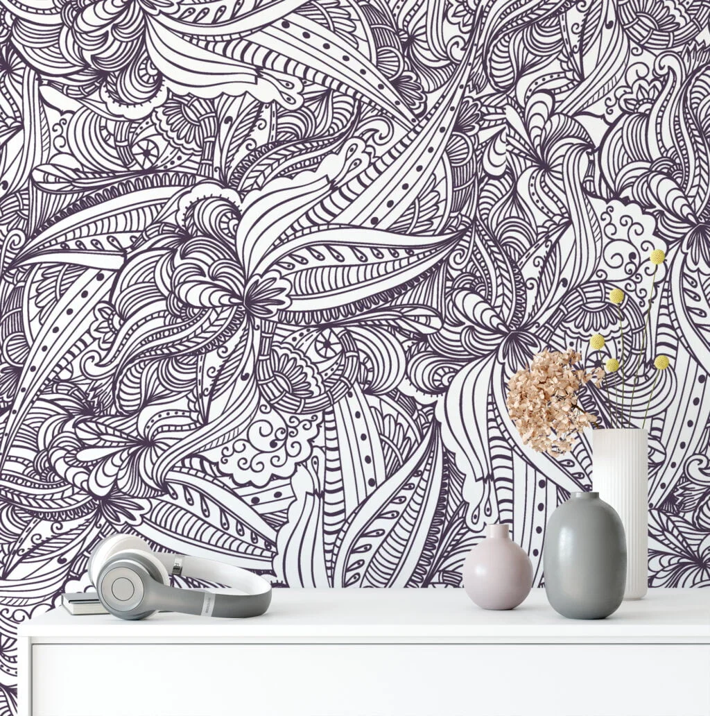 Classic Damask Style line Art Wallpaper, Monochrome Paisley Design Peel & Stick Wall Mural