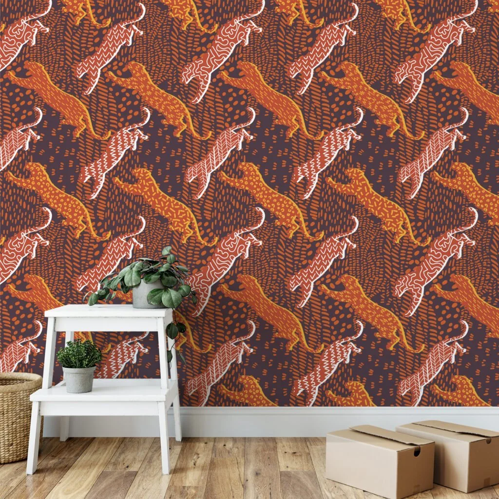 Abstract Tiger Leopard Pattern Illustration Wallpaper, Warm-Toned Modern Peel & Stick Wall Mural