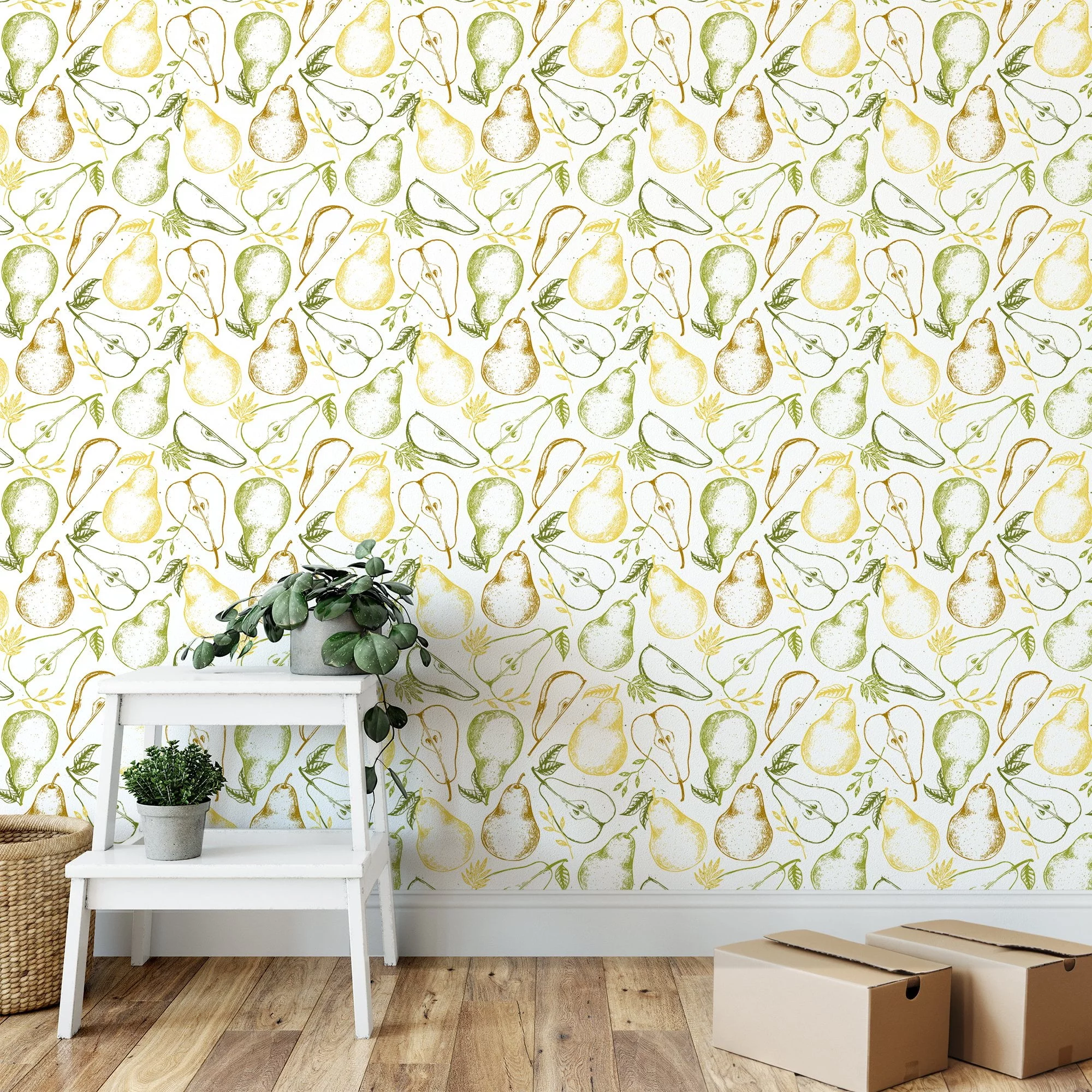 Line Art Slices Pears Fruits Illustration Wallpaper, Light & Airy Kitchen Decor Peel & Stick Wall Mural