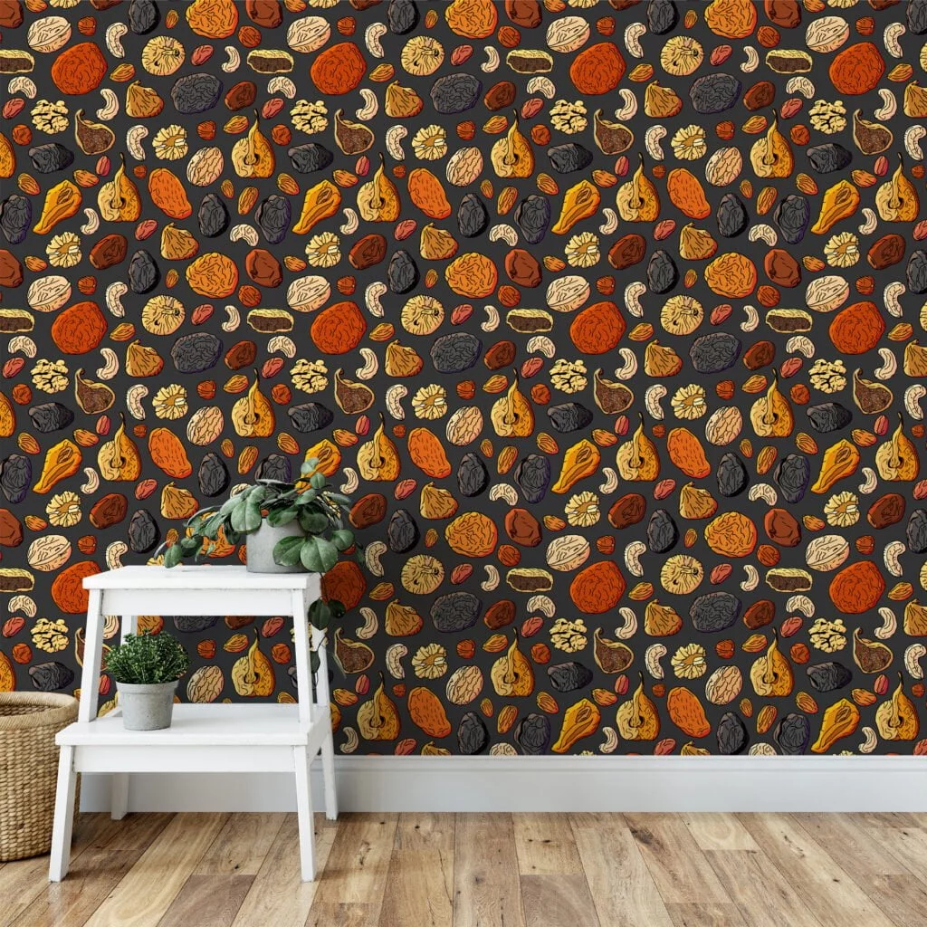 Abstract Cartoon Style Nuts Illustration Wallpaper, Gourmet Kitchen Peel & Stick Wall Mural