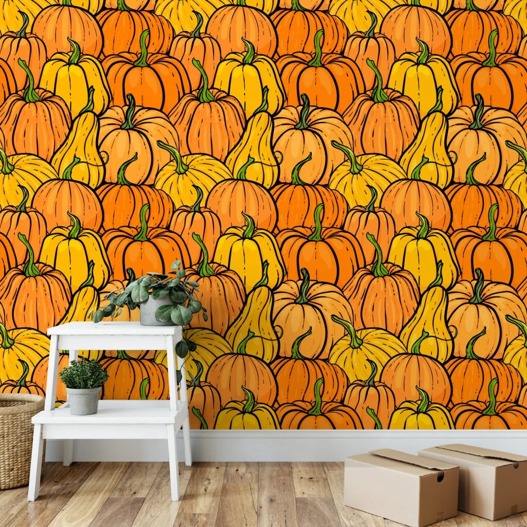 Cartoon Style Pumpkins Pattern Illustration Wallpaper, Harvest Pumpkin Patch Peel & Stick Wall Mural