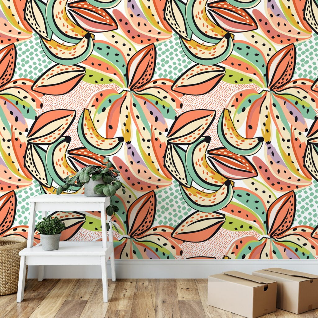 Colorful Abstract Banana Illustration Wallpaper, Playful Tropical Decor Peel & Stick Wall Mural