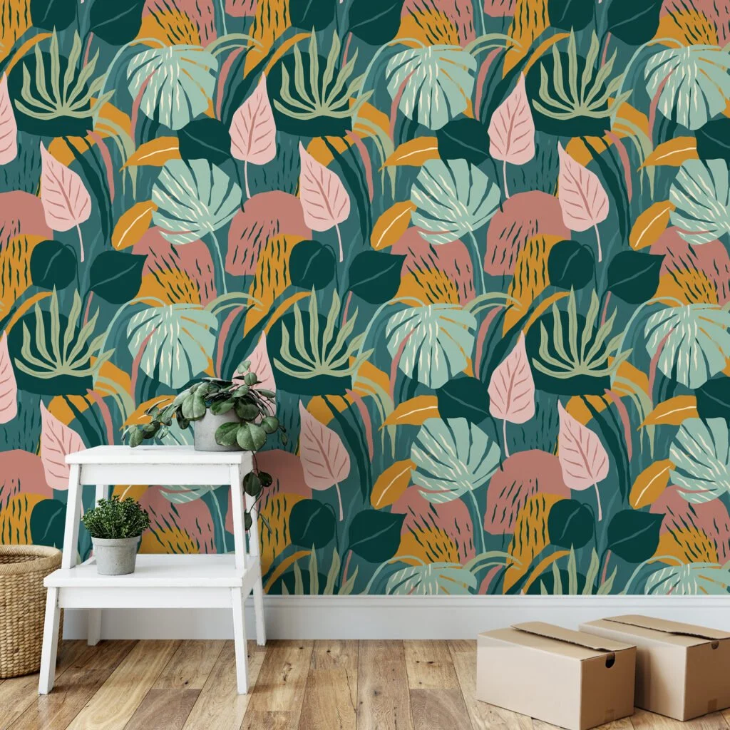 Exotic Large Monstera Leaves And Plants Illustration Wallpaper, Contemporary Tropical Design Peel & Stick Wall Mural