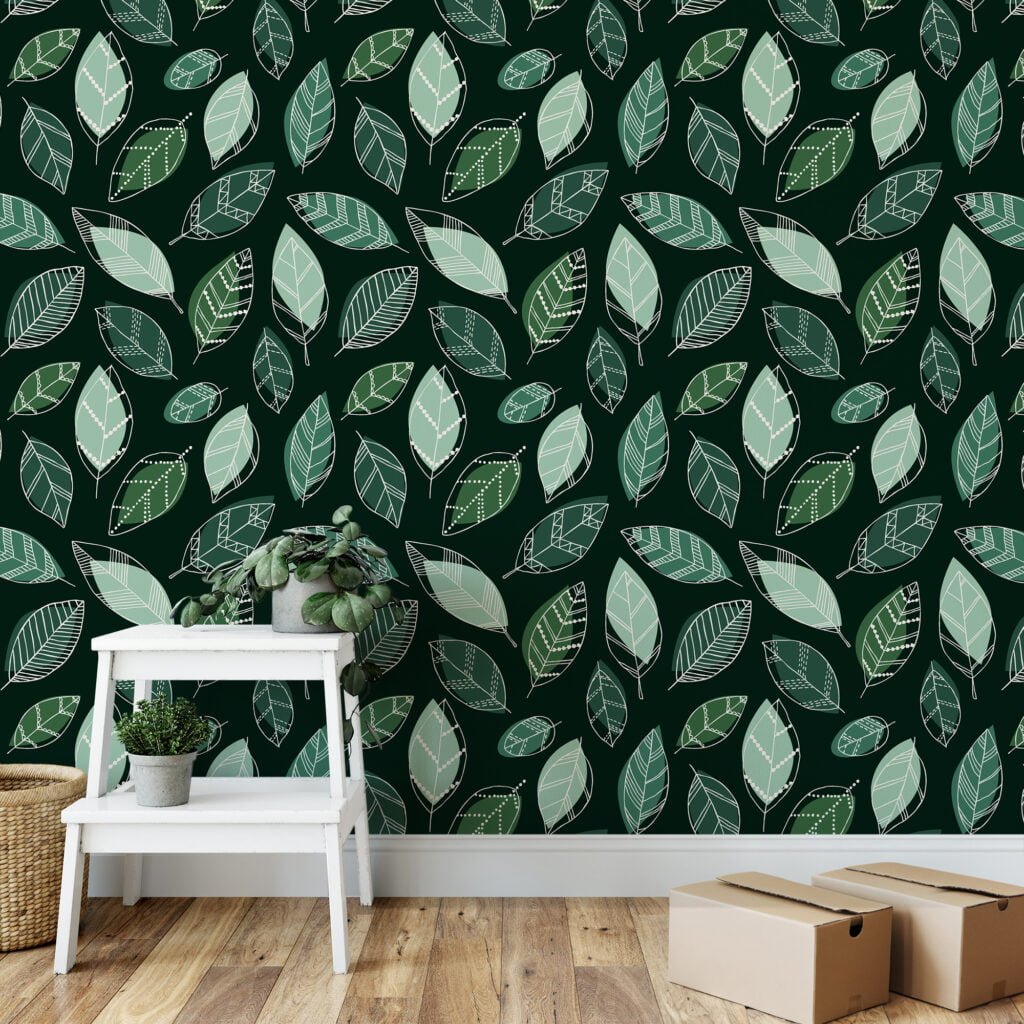 Dark Green Leaves With White Outlines Illustration Wallpaper, Serene Green Leaf Design Peel & Stick Wall Mural
