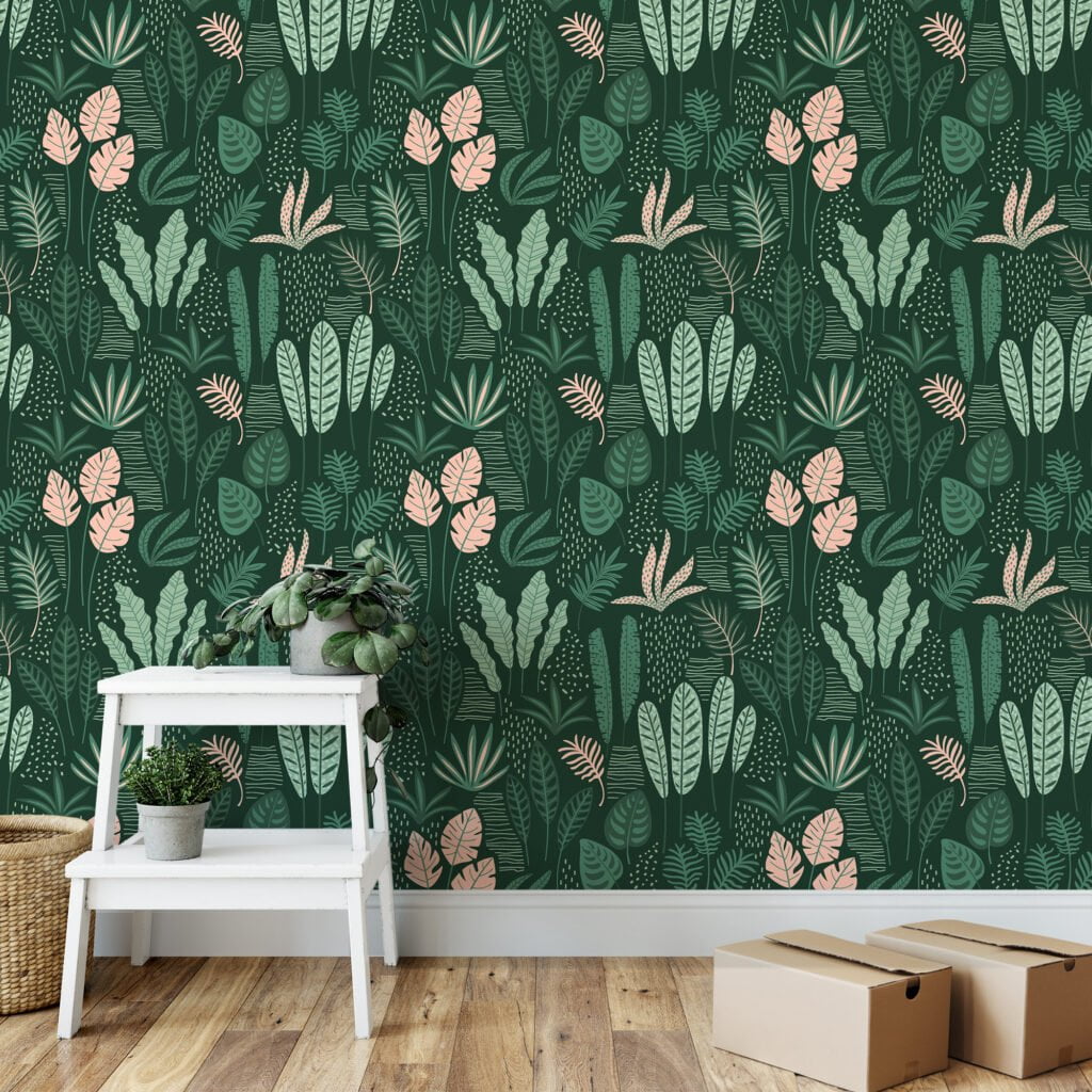 Flat Art Green Leaves And Branches Illustration Wallpaper, Chic Tropical Leaf Design Peel & Stick Wall Mural