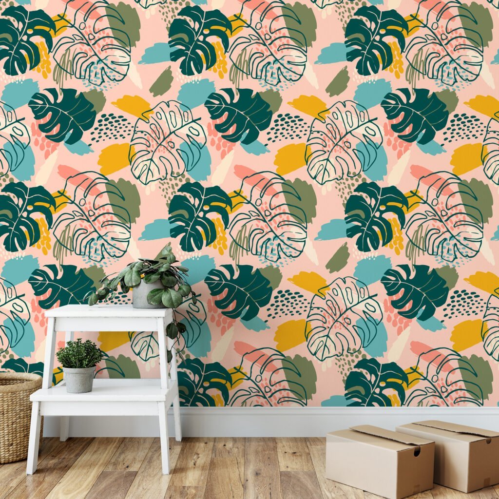 Abstract Flat And Line Art Monstera Leaves Design Illustration Wallpaper, Tropical Leaf Design Peel & Stick Wall Mural