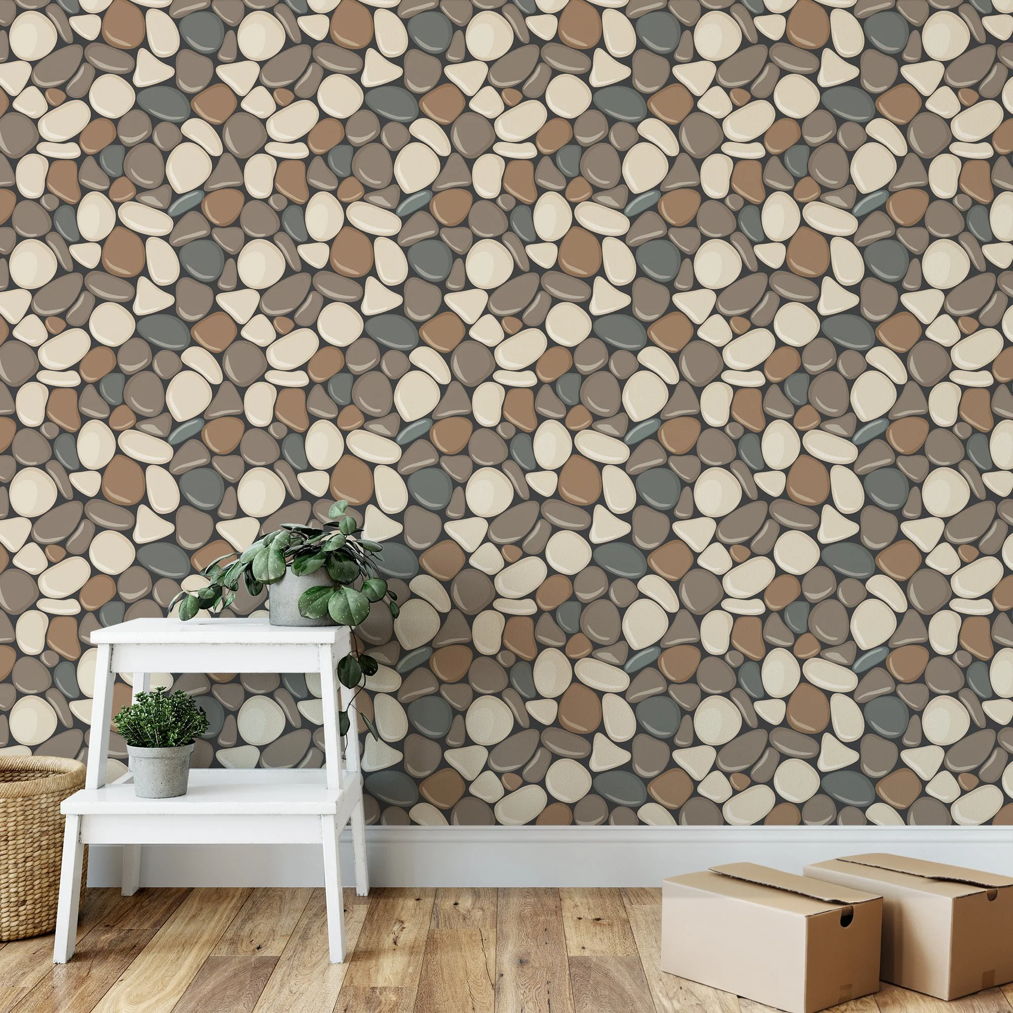 Cartoon Style Gravel Stone Pattern Wallpaper, Pebble Mosaic Faux Effect Peel & Stick Wall Mural