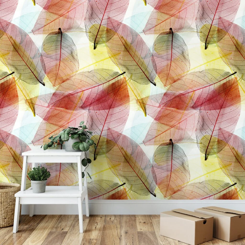 Large Colorful Leaves Wallpaper, Translucent Autumn Peel & Stick Wall Mural