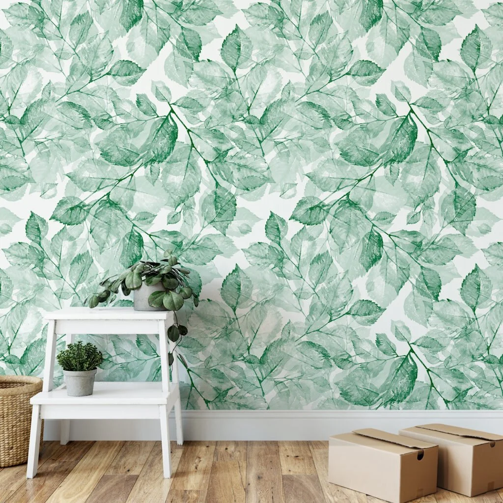 Watercolor Style Green Leaves Pattern Wallpaper, Tranquil Green Foliage Peel & Stick Wall Mural