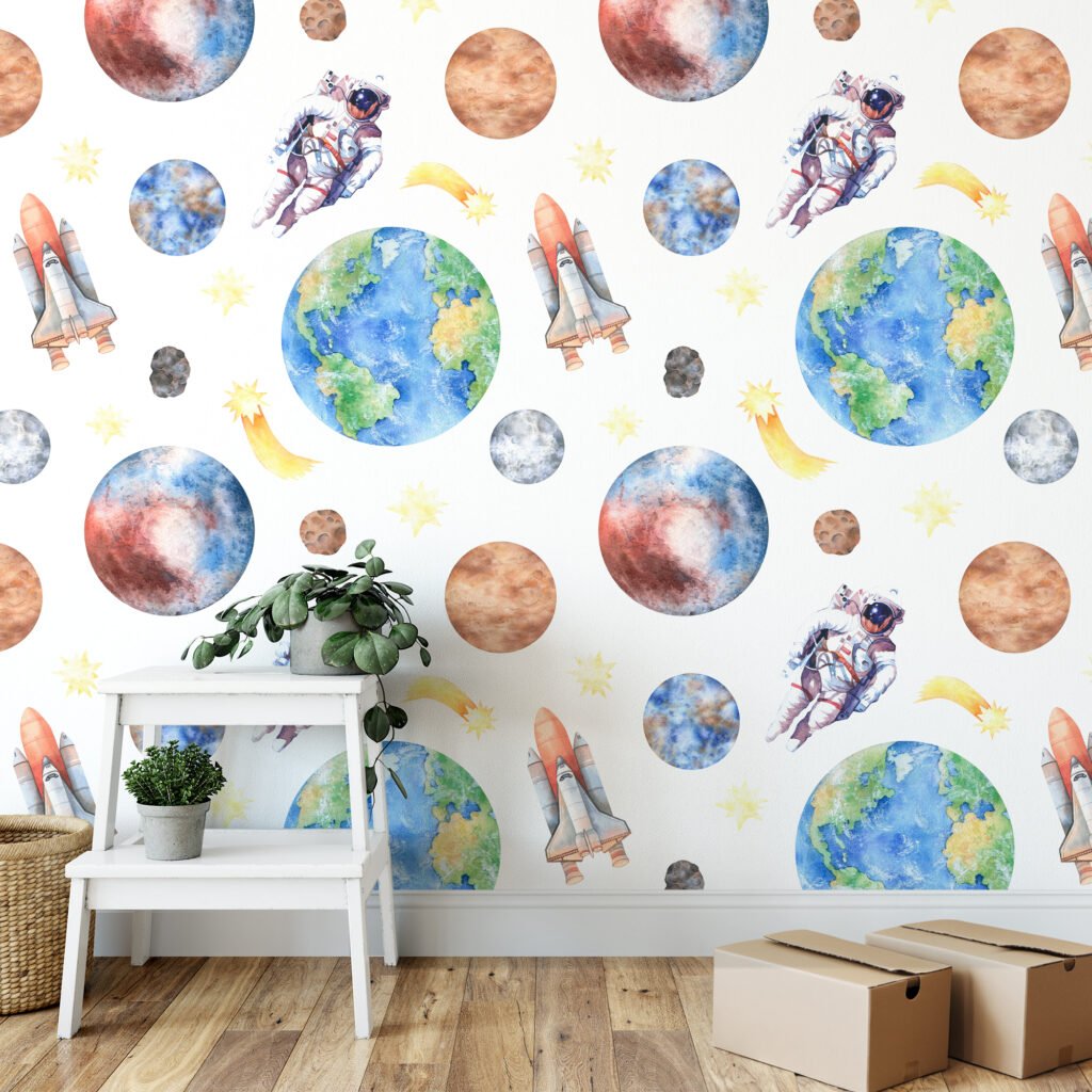 Watercolor Astronaut And Space Themed Planets Illustration Wallpaper, Astronaut and Space Shuttle Peel & Stick Wall Mural