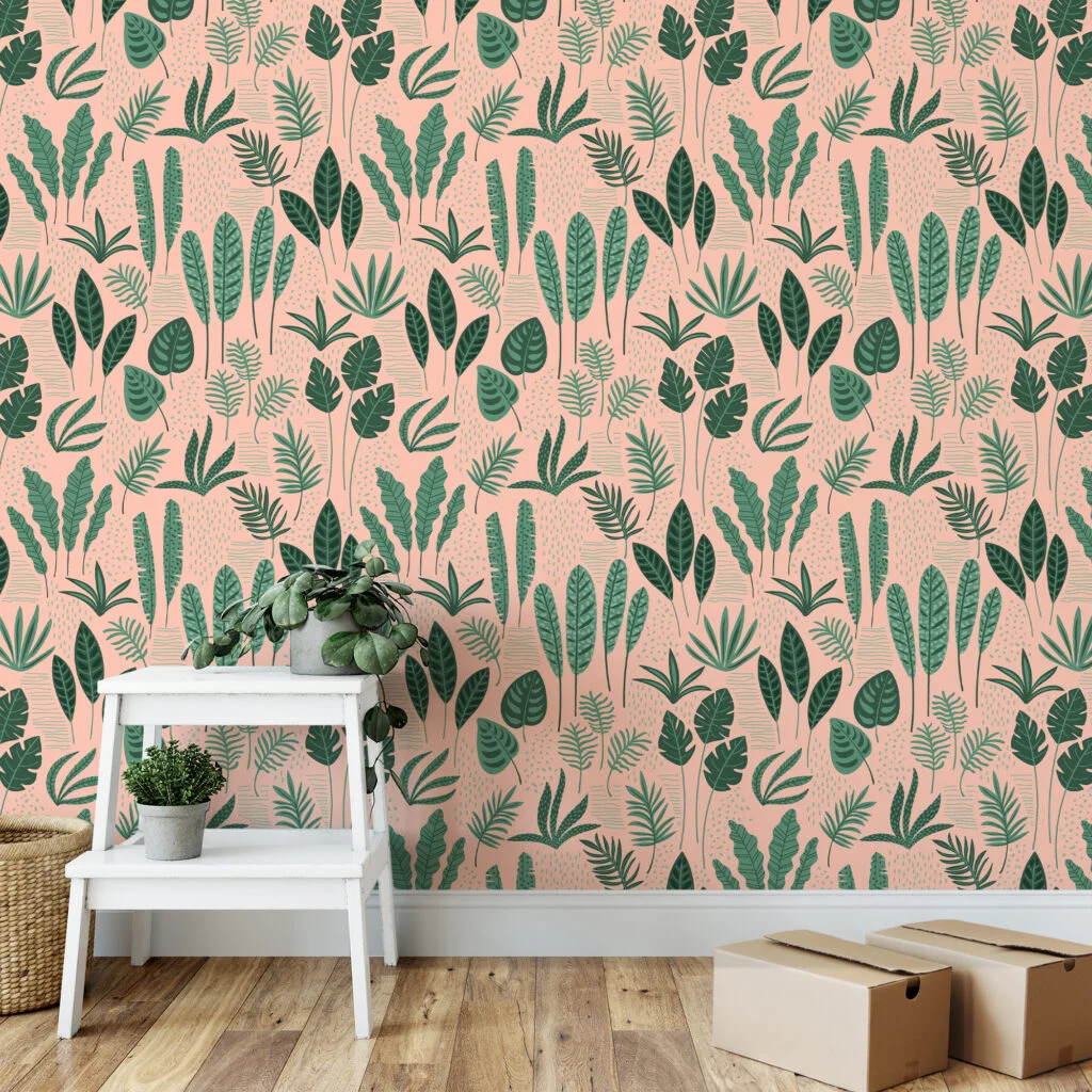 Tropical Abstract Flat Art Leaves Illustration Wallpaper, Botanical Bliss Tropical Leaf Peel & Stick Wall Mural