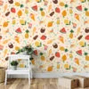 Retro Summer Vibes Party Icons Fruit Illustration Wallpaper, Tropical Fruit & Ice Cream Peel & Stick Wall Mural