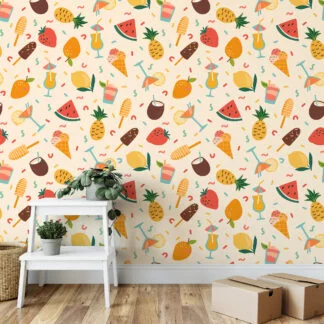 Retro Summer Vibes Party Icons Fruit Illustration Wallpaper, Tropical Fruit & Ice Cream Peel & Stick Wall Mural
