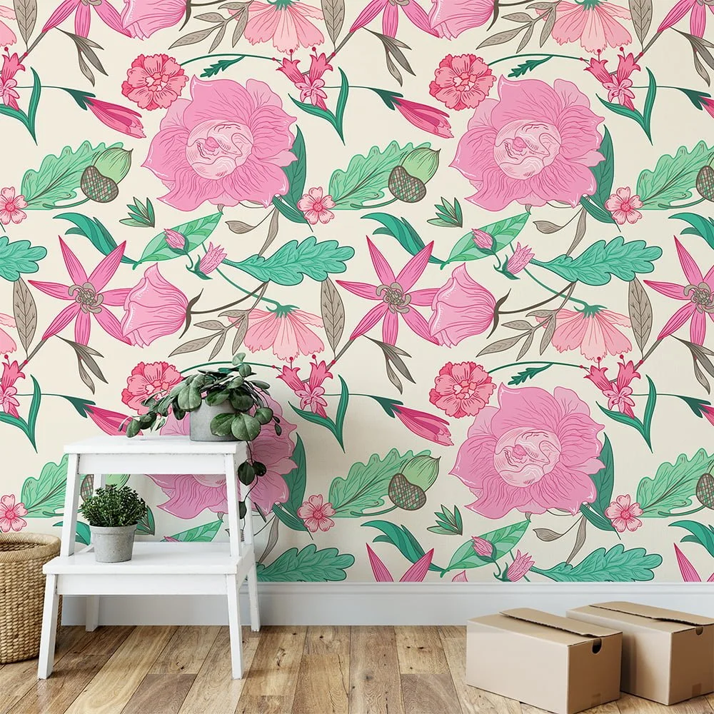 Pink Floral Paisley Style Wallpaper, Pink and Green Blossom Design Peel & Stick Wall Mural