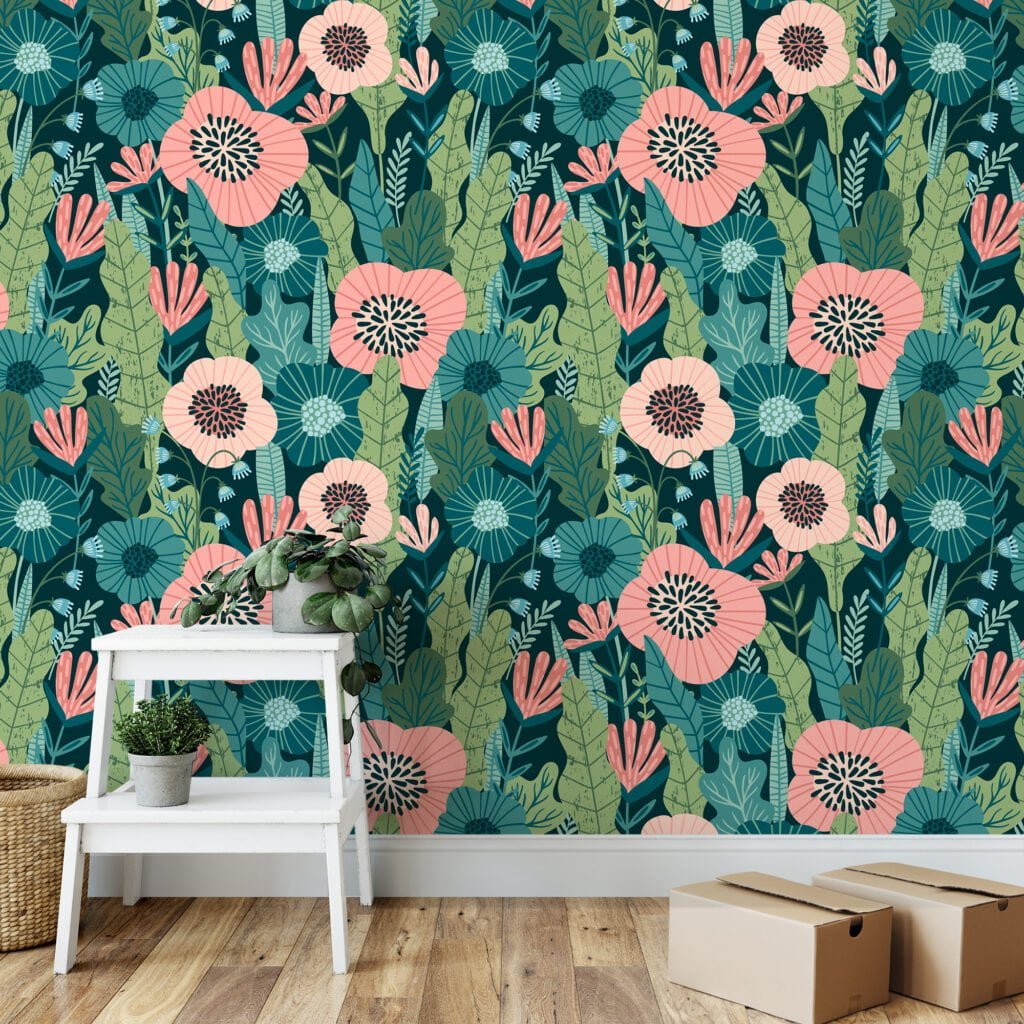Flat Art Abstract Green Leaves With Flowers Wallpaper, Tropical Pink Blooms On Green Peel & Stick Wall Mural