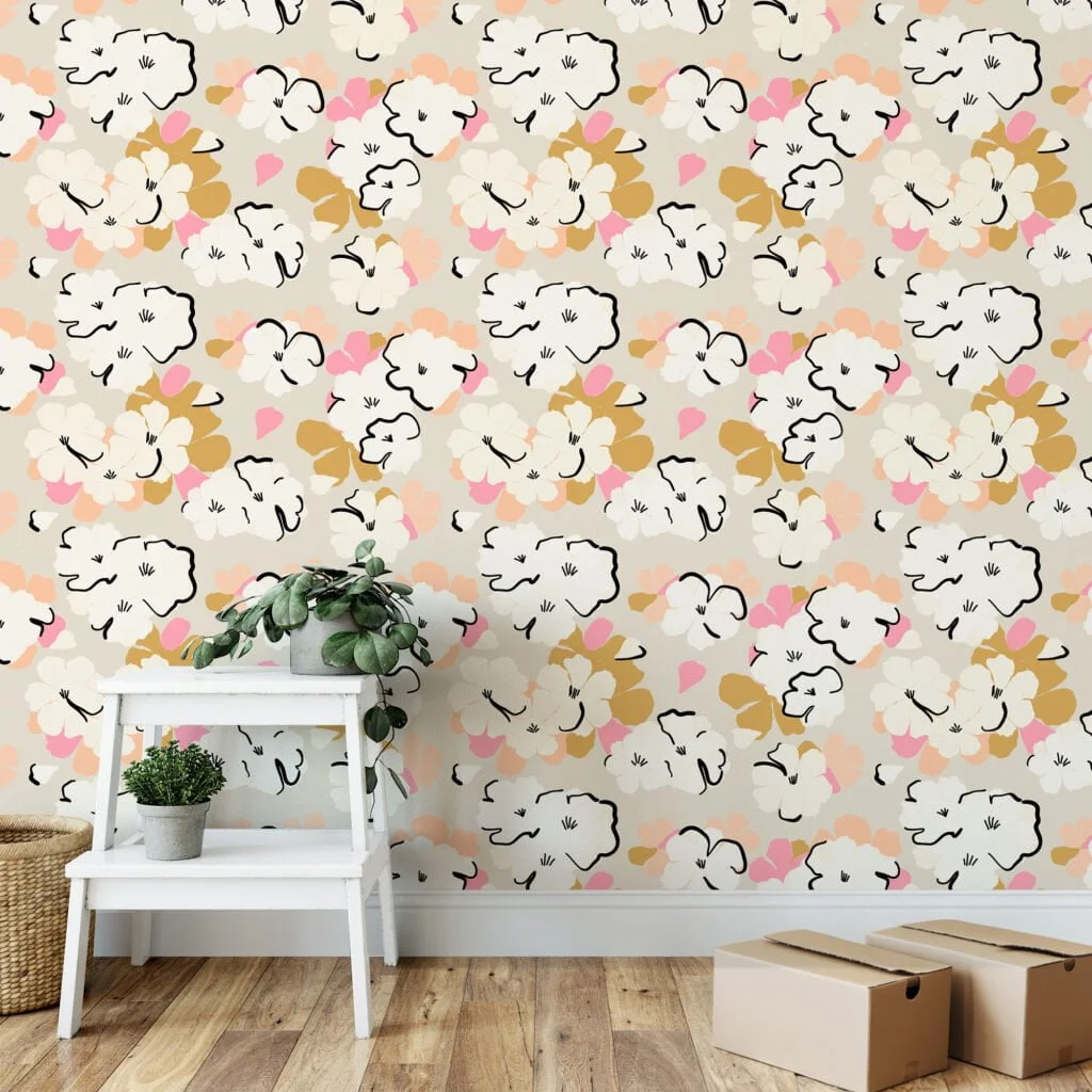 Abstract Floral Design Illustration Wallpaper, Neutral Elegant Peel & Stick Wall Mural