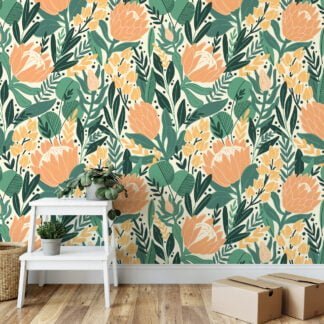 Flat Art Abstract Large Floral Leaves Design Illustration Wallpaper, Fresh Spring Florals Peel & Stick Wall Mural