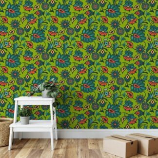 Green Flat Art Floral Wallpaper, Vibrant Retro Garden Peel & Stick Wall Mural