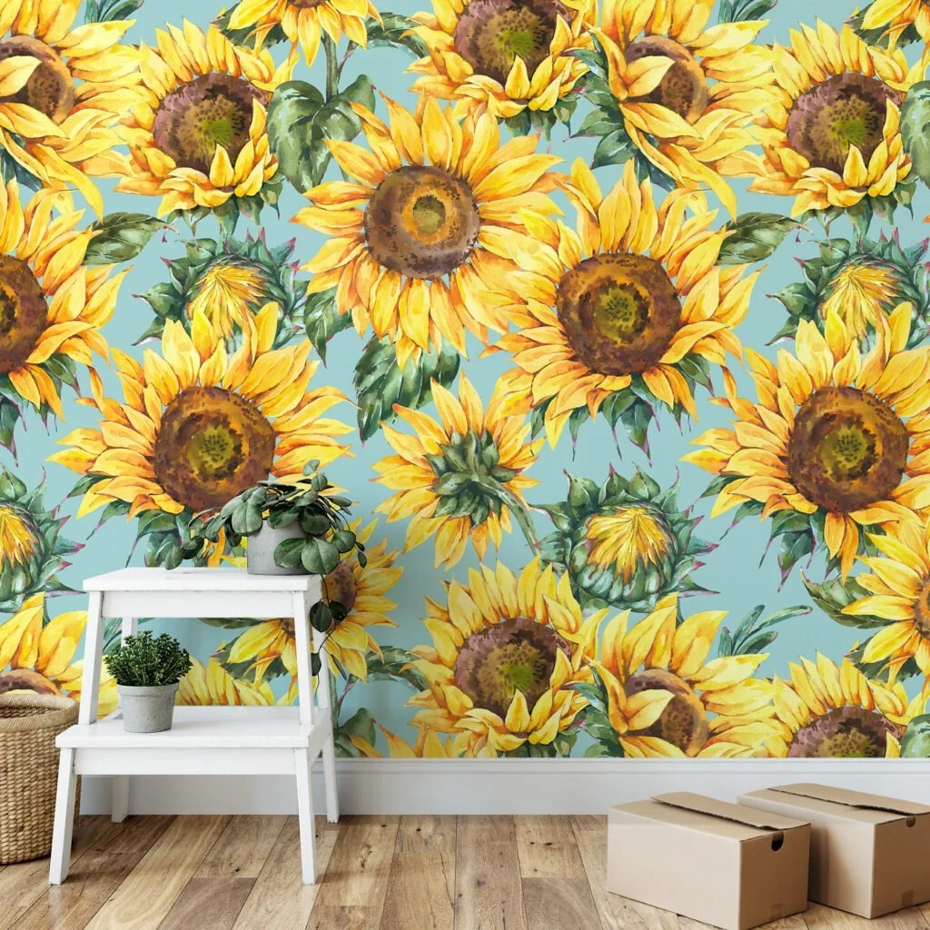 Watercolor Style Sunflowers Floral Illustration Wallpaper, Sunny Flower Peel & Stick Wall Mural