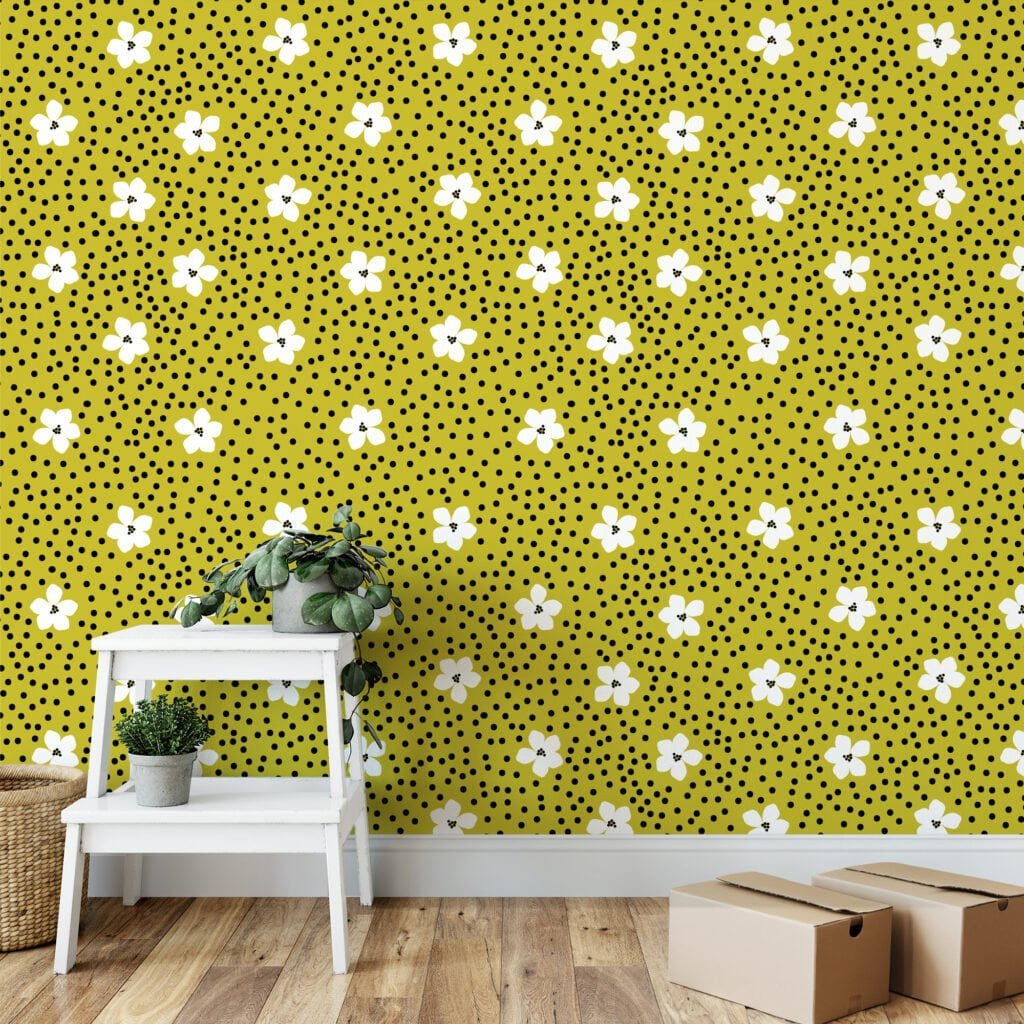 White Flowers With Dots Pattern Wallpaper, Vibrant Floral Design Peel & Stick Wall Mural