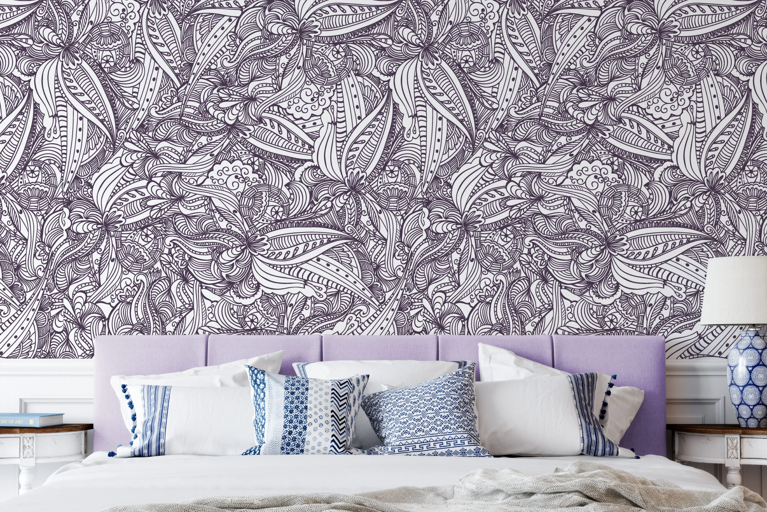 Classic Damask Style line Art Wallpaper, Monochrome Paisley Design Peel & Stick Wall Mural