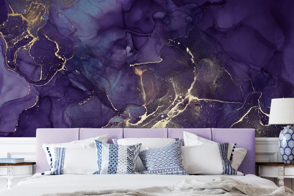 Dark Purple Marble Design With Yellow Highlights Wallpaper, Royal Marble Effect Peel & Stick Wall Mural