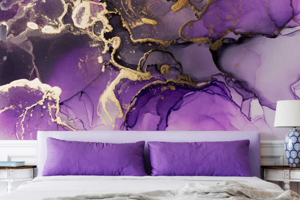 Purple And Gold Alcohol Ink Wallpaper, Royal Purple Marble Peel & Stick Wall Mural