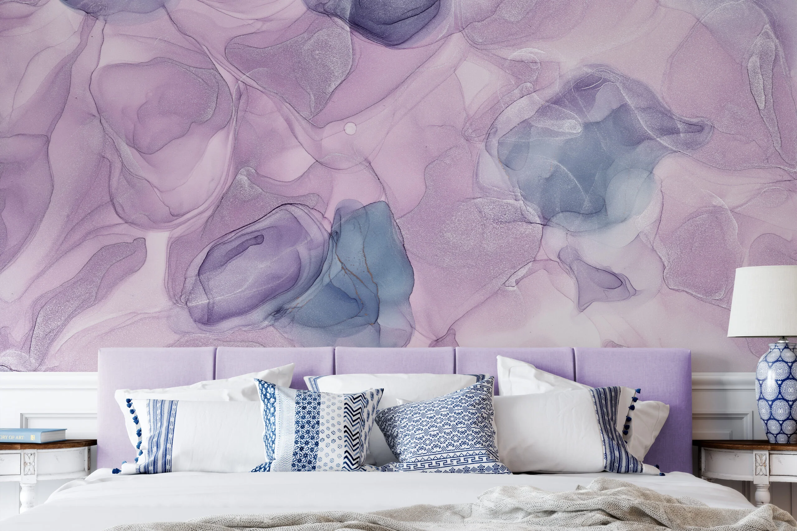 Lavender Alcohol Ink Art Marble Wallpaper, Pastel Lavender Marble Peel & Stick Wall Mural