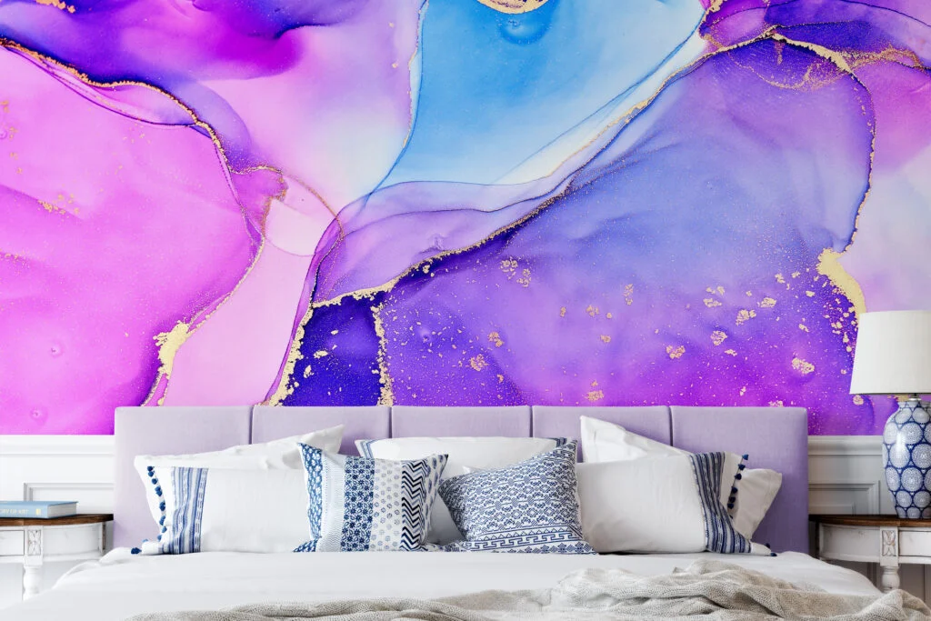 Colorful Alcohol Ink Art Marble Wallpaper, Elegant Purple and Blue Marble Peel & Stick Wall Mural