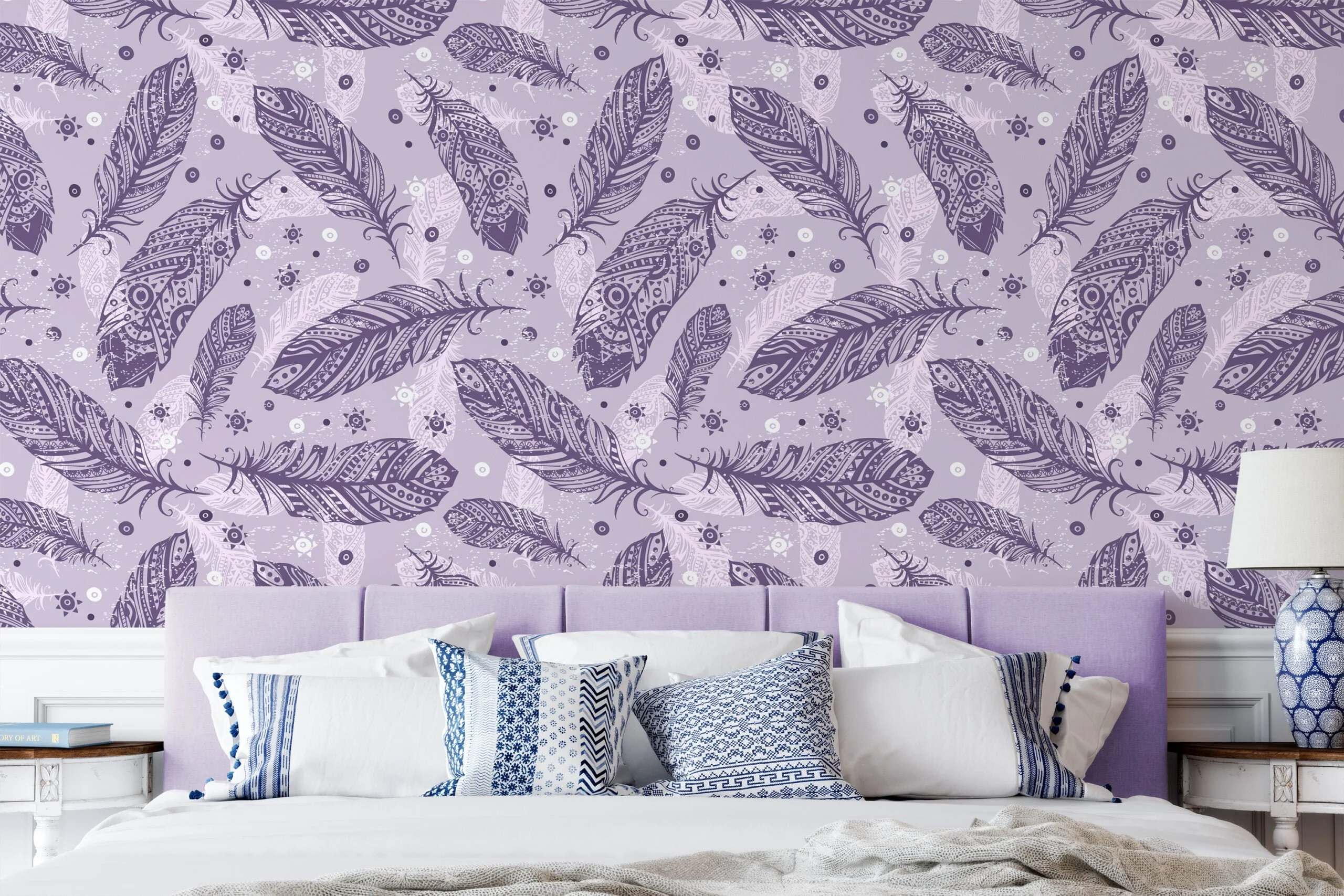 Purple And Lilac Feathers Pattern Wallpaper, Elegant Feather Line Art Peel & Stick Wall Mural