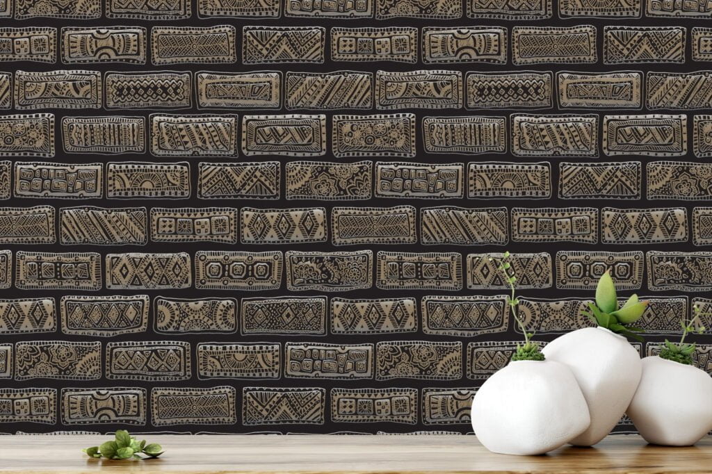 Native Style Bricks Illustration Wallpaper, Tribal-Inspired Geometric Peel & Stick Wall Mural