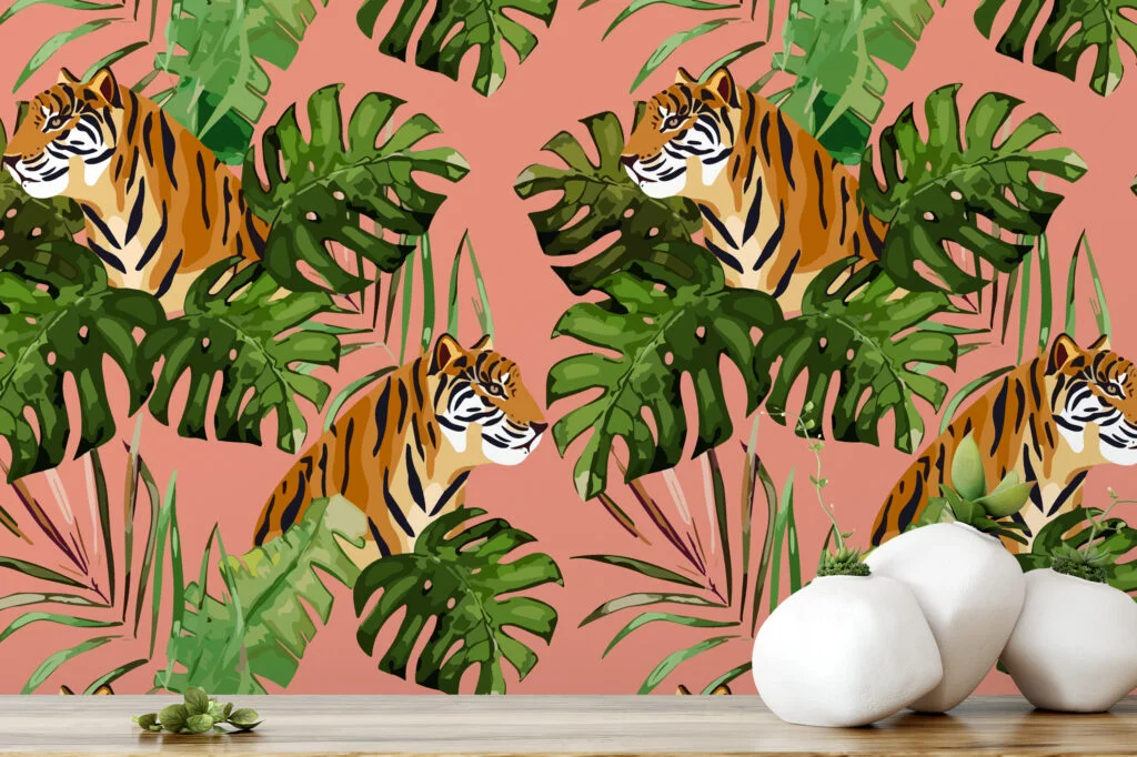 Tropical Illustration With Tigers on A peach Background, Jungle-Inspired Lush Peel & Stick Wall Mural