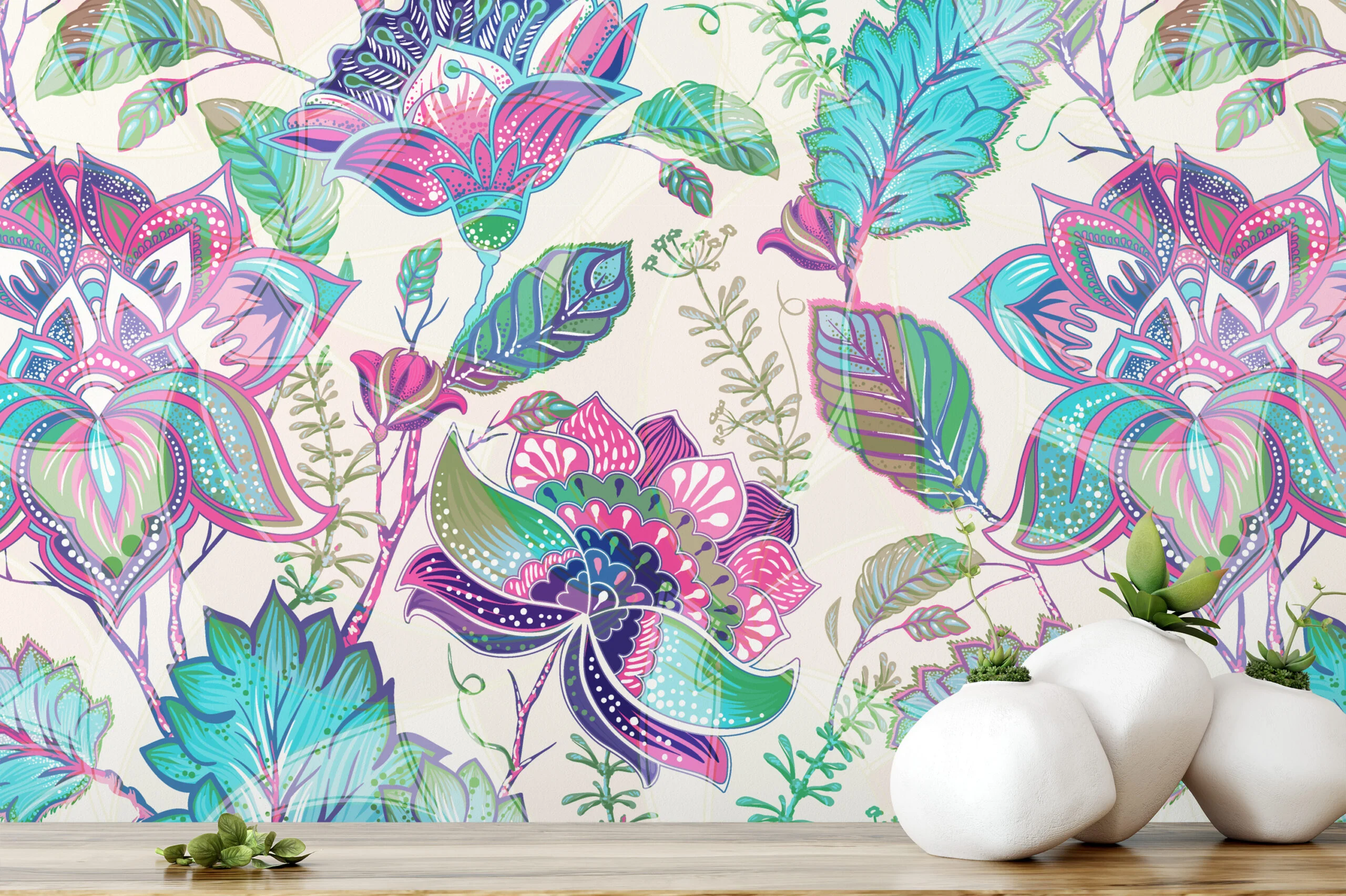 Floral Damask Paisley Illustration Wallpaper, Whimsical Floral Fantasy Peel & Stick Wall Mural