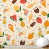 Retro Summer Vibes Party Icons Fruit Illustration Wallpaper, Tropical Fruit & Ice Cream Peel & Stick Wall Mural
