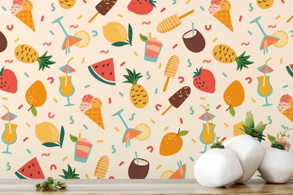 Retro Summer Vibes Party Icons Fruit Illustration Wallpaper, Tropical Fruit & Ice Cream Peel & Stick Wall Mural