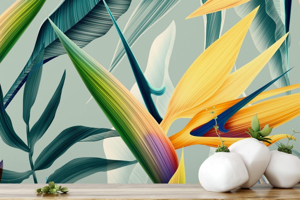 Tropical Minty Birds Of Paradise Flowers Wallpaper, Abstract Tropical Leaves Peel & Stick Wall Mural