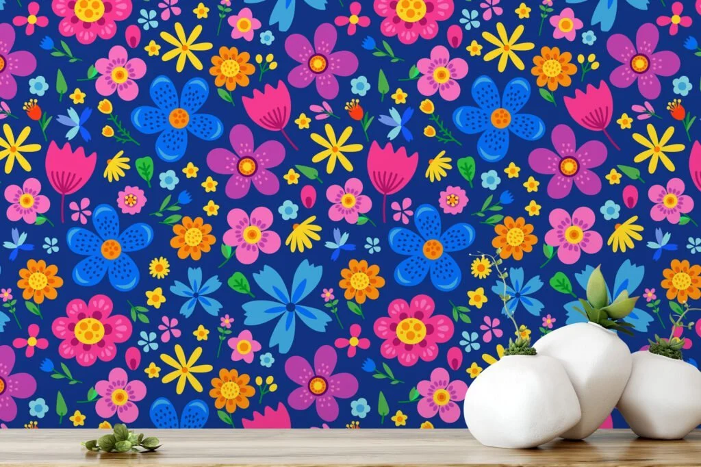 Bright Colored Folk Art Flower Illustration Wallpaper, Joyful Meadow Floral Peel & Stick Wall Mural