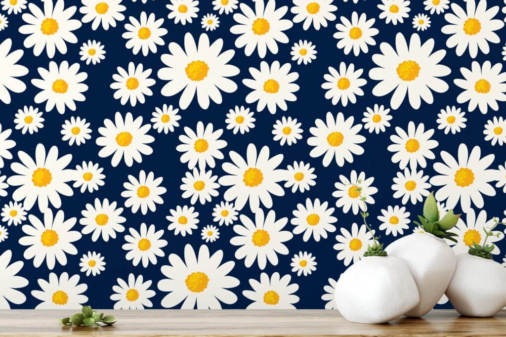 Flat Art Daisies With A Dark Navy Background Illustration Wallpaper, Cheerful Daisy Chain Peel & Stick Wall Mural