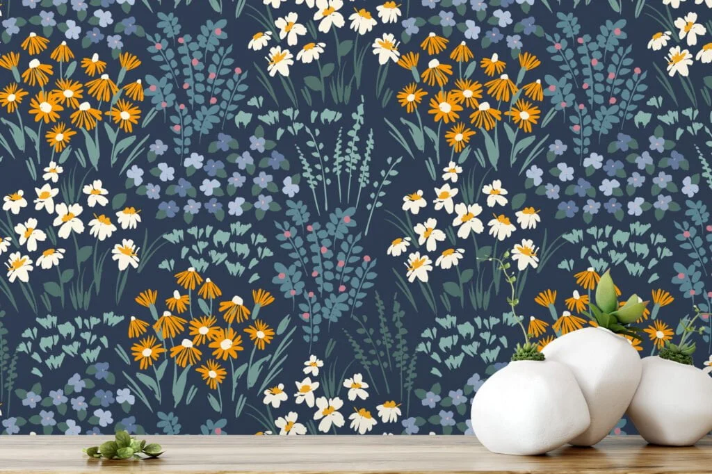 Navy Blue Flat Art Flowers And Bouquets Illustration Wallpaper, Midnight Blossom Array Peel & Stick Wall Mural