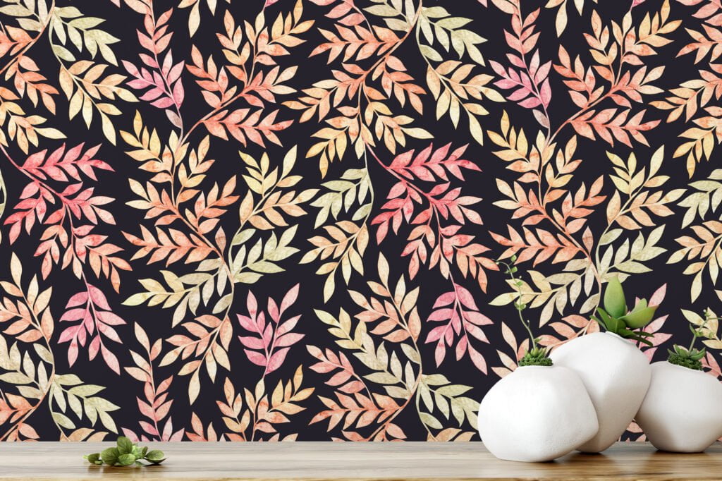 Watercolor Style Large Colorful Leaves With A Dark Background Wallpaper, Autumn Elegant Peel & Stick Wall Mural