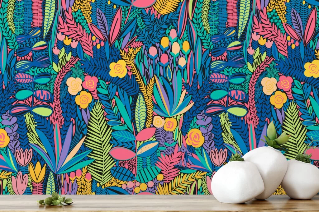 Colorful Floral Doodle Design With Flowers Illustration Wallpaper, Exotic Tropical Peel & Stick Wall Mural