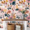 Cute Flat Art Abstract Pink Floral Design Illustration Wallpaper, Elegant Vintage Floral Peel & Stick Wall Mural
