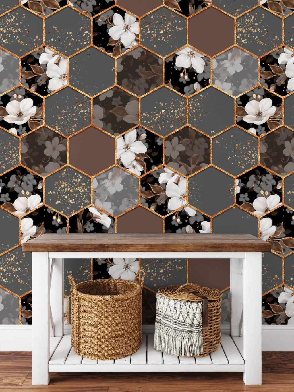 Grey And Brown Floral Hexagon Geometric Tiles Illustration Wallpaper, Elegant Flowers Peel & Stick Wall Mural