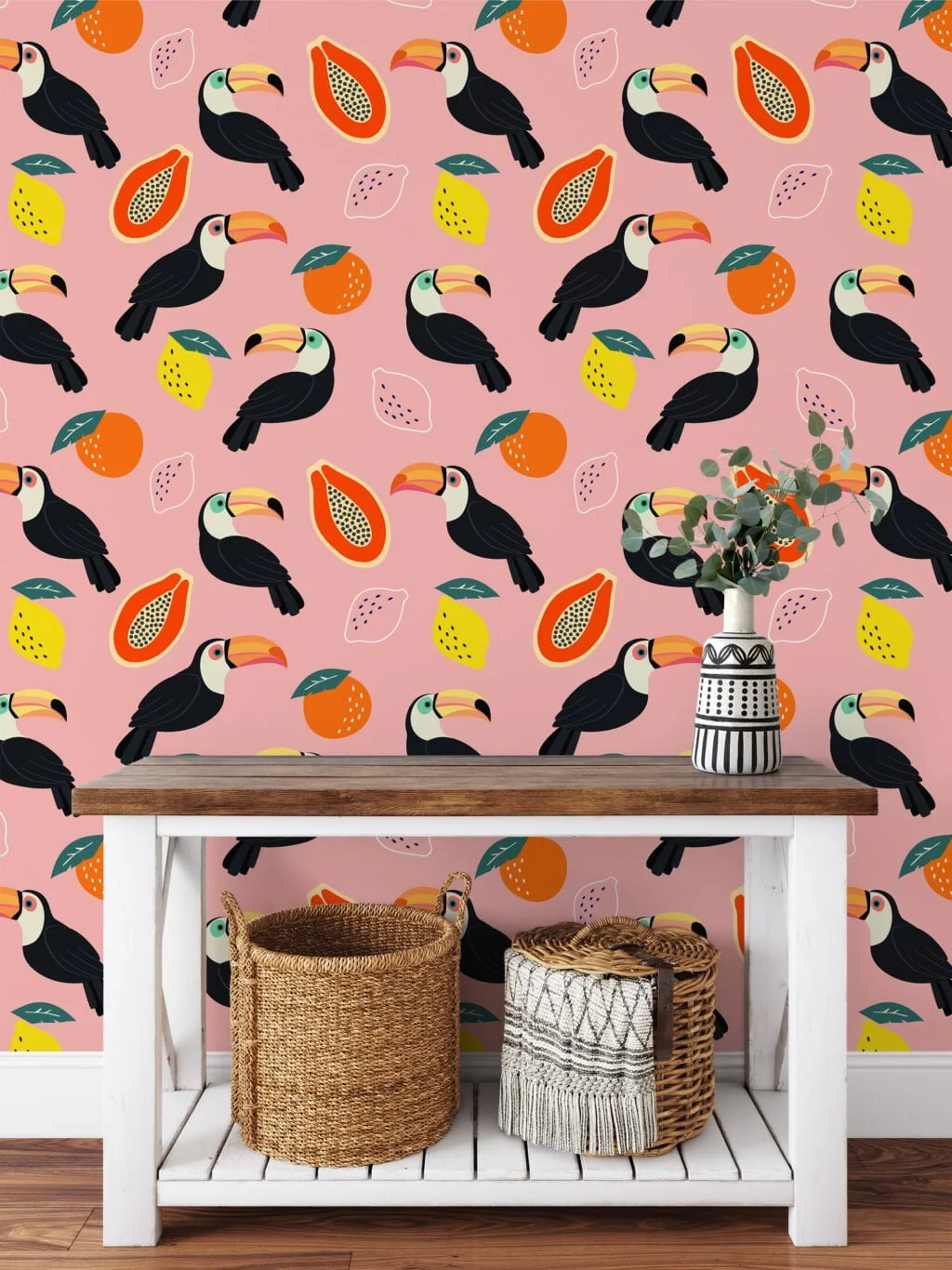 Flat Art Fruits And Toucans With A Pink Background Illustration Wallpaper, Vibrant Pink Kids' Decor Peel & Stick Wall Mural