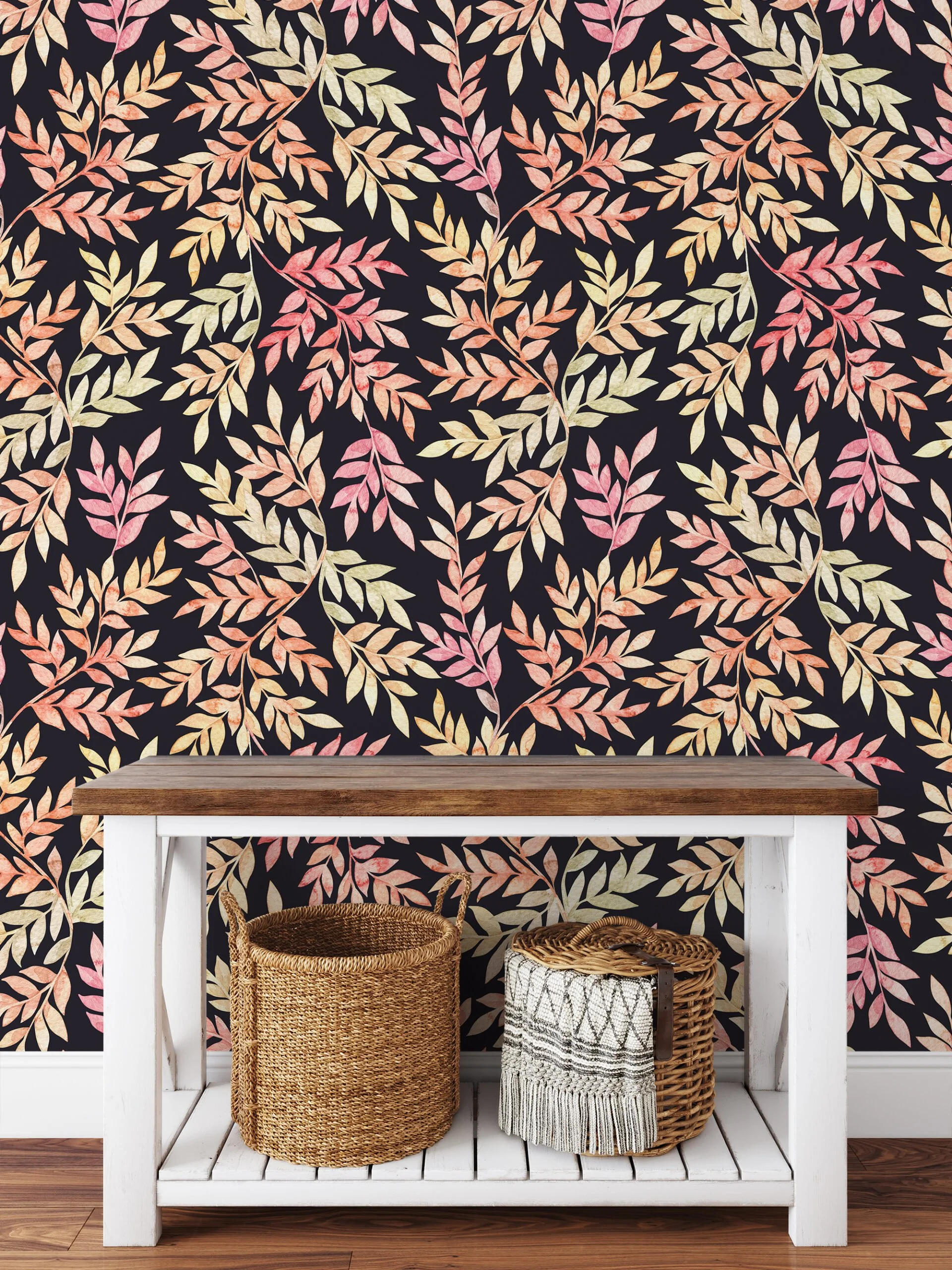 Watercolor Style Large Colorful Leaves With A Dark Background Wallpaper, Autumn Elegant Peel & Stick Wall Mural