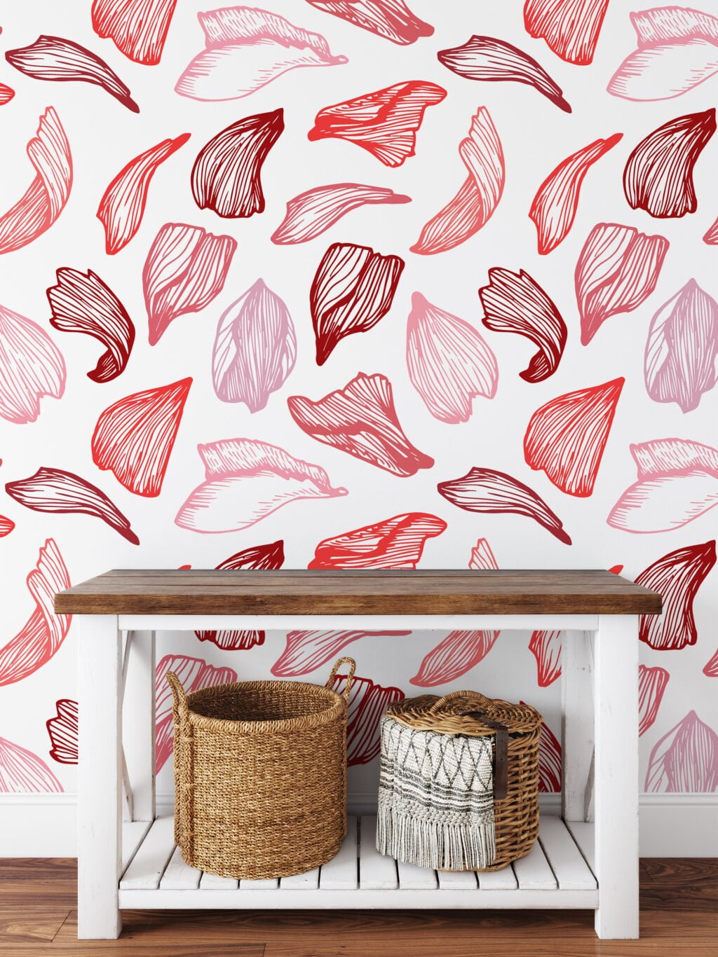 Abstract Red Line Art Wallpaper Pattern, Romantic Pink and Red Peel & Stick Wall Mural