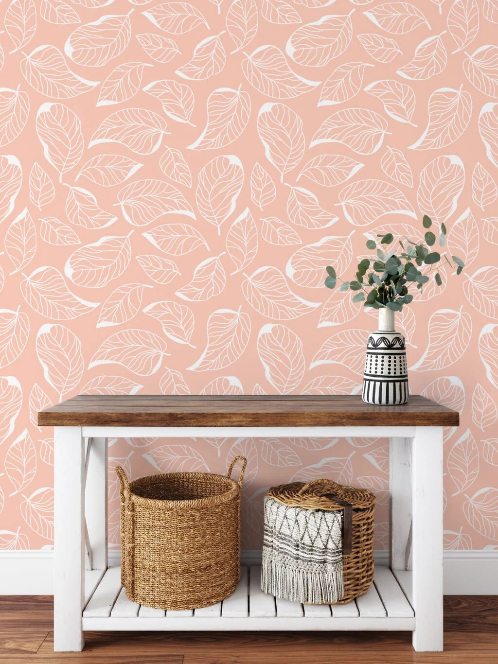 White Leaves Line Art With A Peach Background Illustration Wallpaper, Subtle Elegance Leaf Peel & Stick Wall Mural